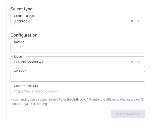 The Anthropic credential configuration form, showing name, model, and API key fields