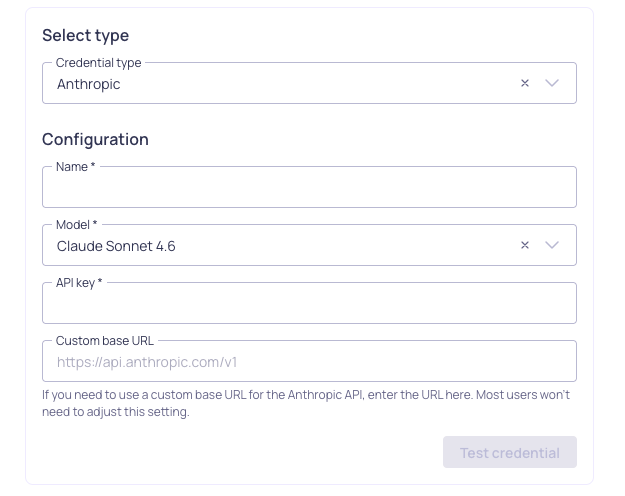 The Anthropic credential configuration form, showing name, model, and API key fields