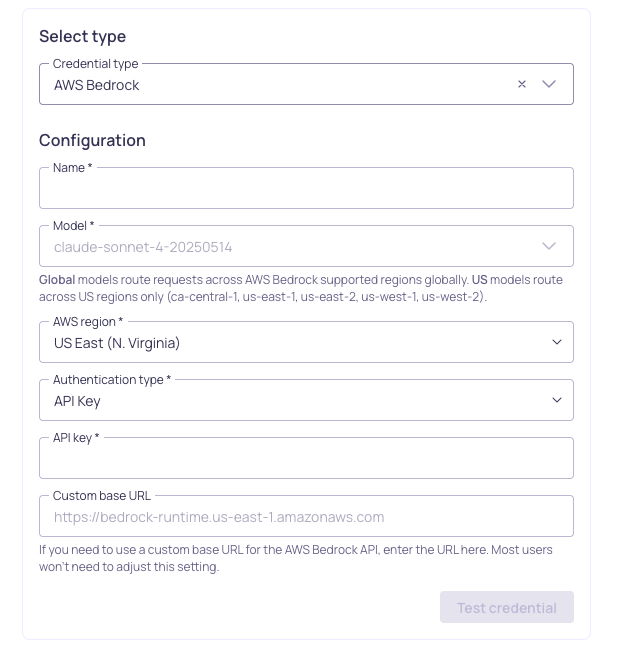 The Amazon Bedrock credential configuration form, showing name, model, AWS region, and API key fields