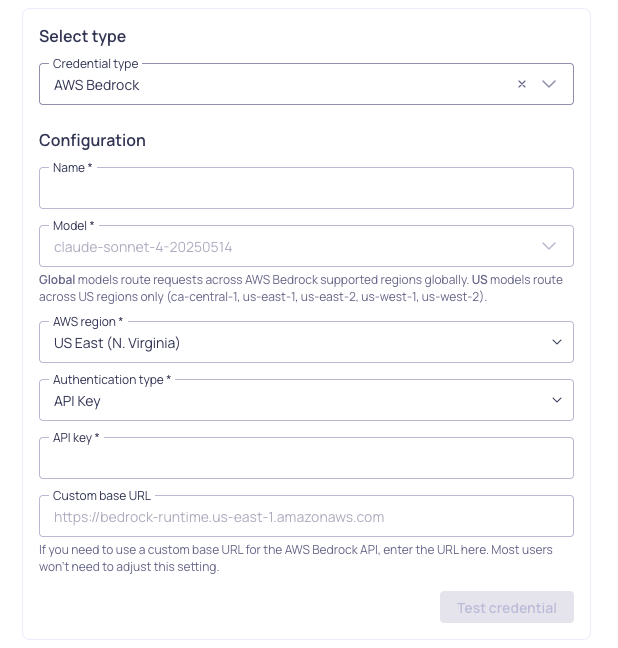 The Amazon Bedrock credential configuration form, showing name, model, AWS region, and API key fields