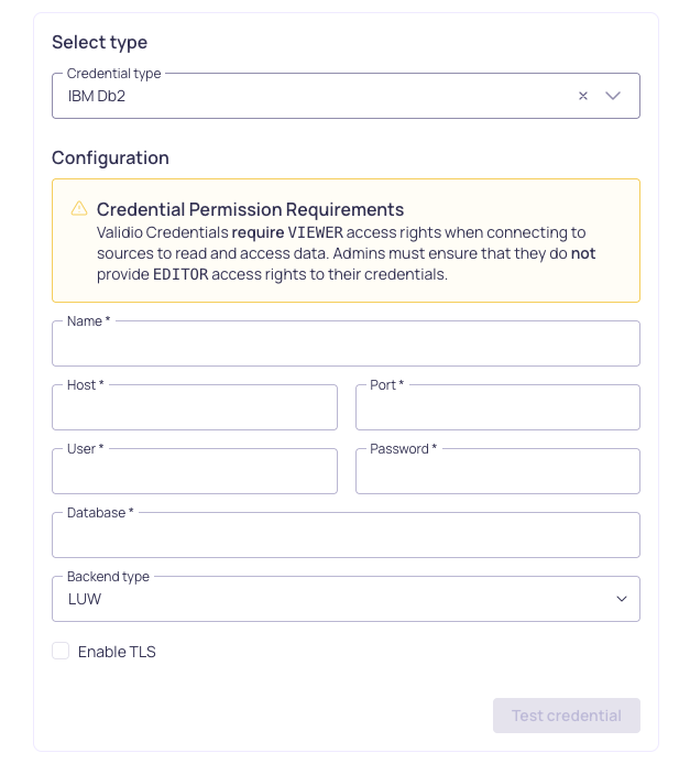 The IBM Db2 credential configuration form, showing host, port, user, password, and database fields
