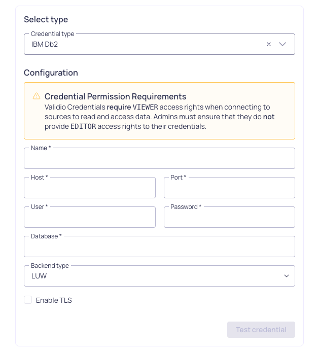 The IBM Db2 credential configuration form, showing host, port, user, password, and database fields