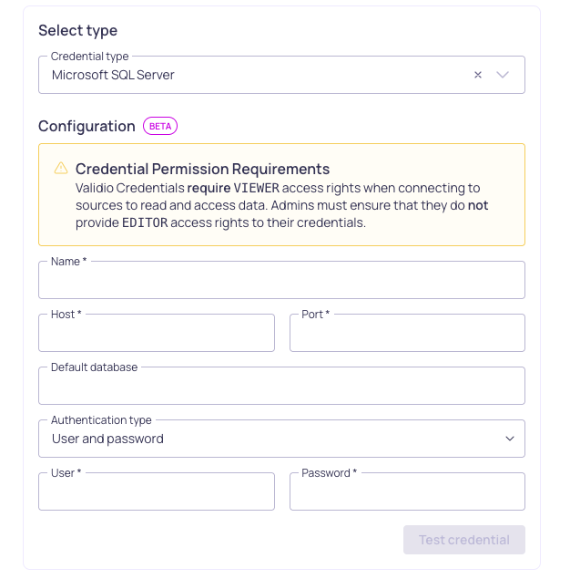 The Microsoft SQL Server credential configuration form, showing host, port, default database, and authentication type fields