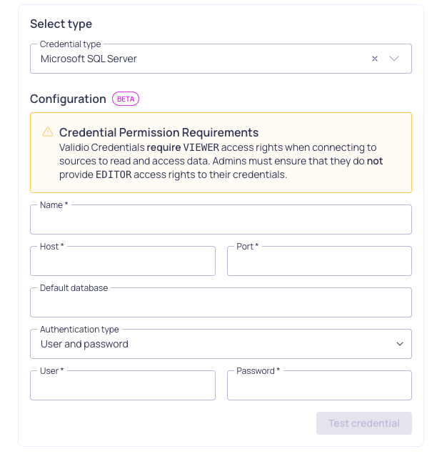 The Microsoft SQL Server credential configuration form, showing host, port, default database, and authentication type fields