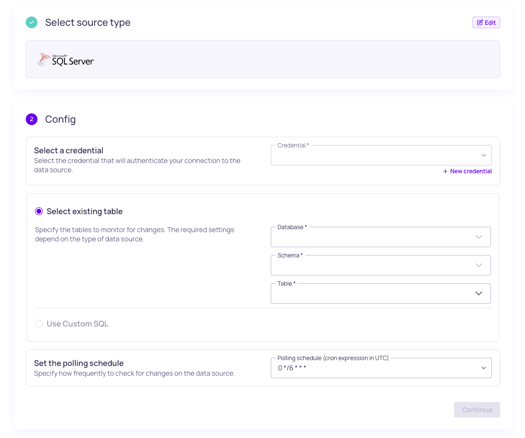 The Microsoft SQL Server source configuration form, showing credential, database, schema, and table selection