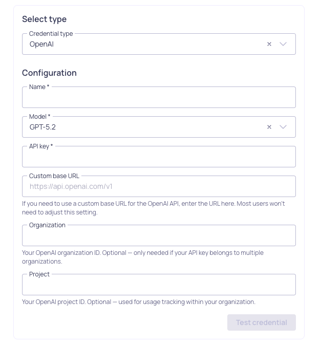 The OpenAI credential configuration form, showing name, model, and API key fields