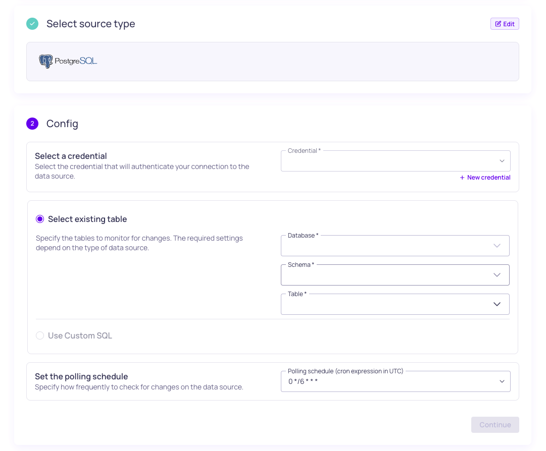The PostgreSQL source configuration form, showing credential, database, schema, and table selection