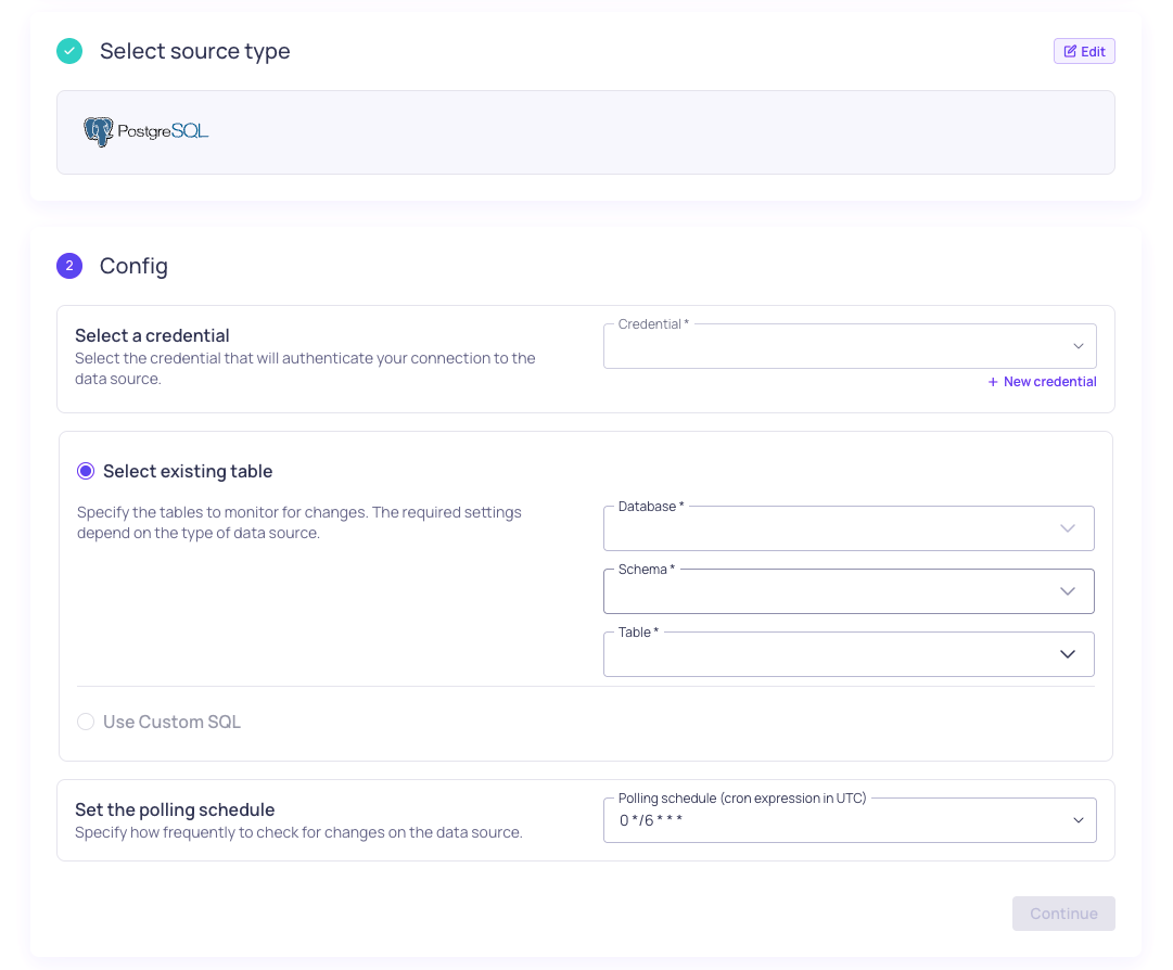 The PostgreSQL source configuration form, showing credential, database, schema, and table selection
