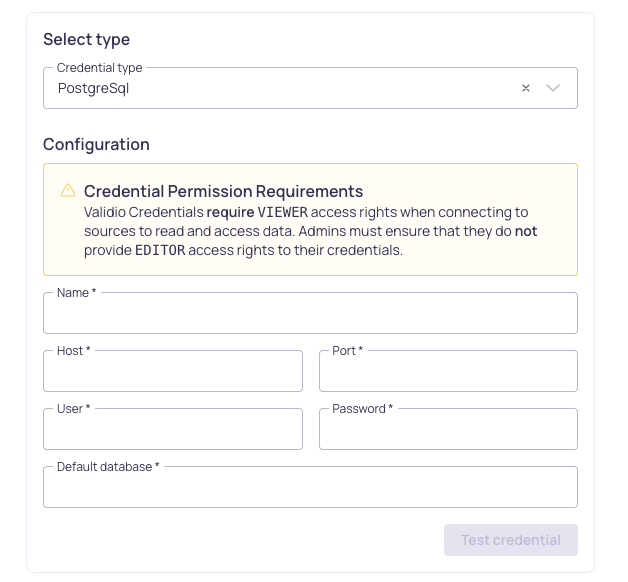 The PostgreSQL credential configuration form, showing host, port, user, password, and default database fields
