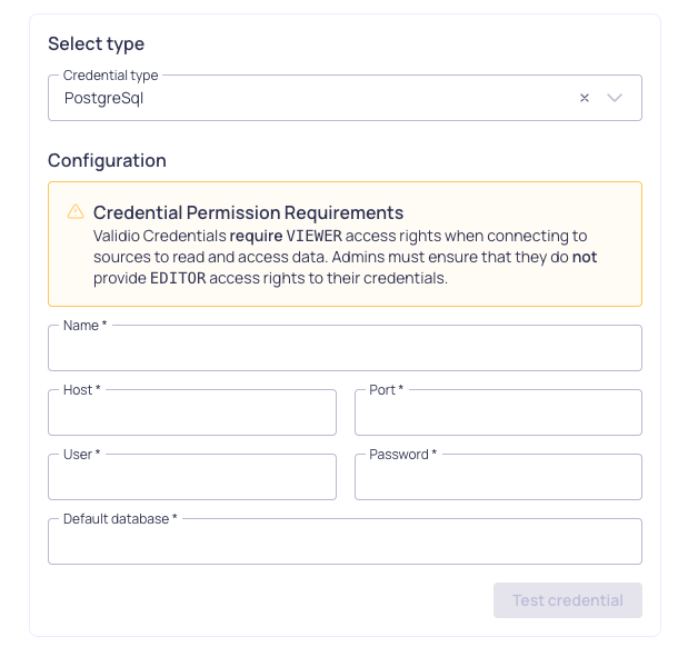 The PostgreSQL credential configuration form, showing host, port, user, password, and default database fields