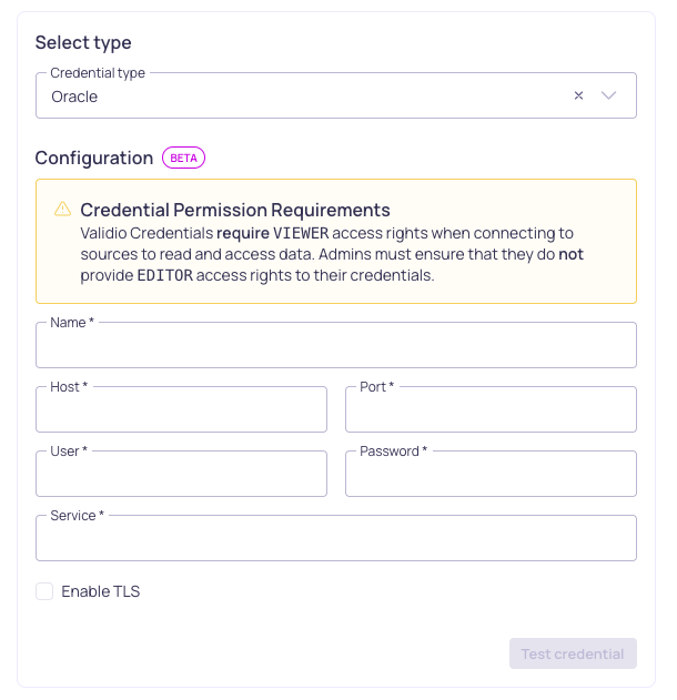 The Oracle credential configuration form, showing host, port, user, password, and service fields