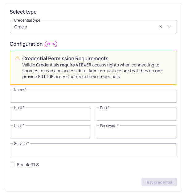 The Oracle credential configuration form, showing host, port, user, password, and service fields