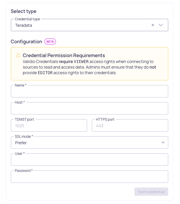 The Teradata credential configuration form, showing host, TDMST port, HTTPS port, SSL mode, username, and password fields