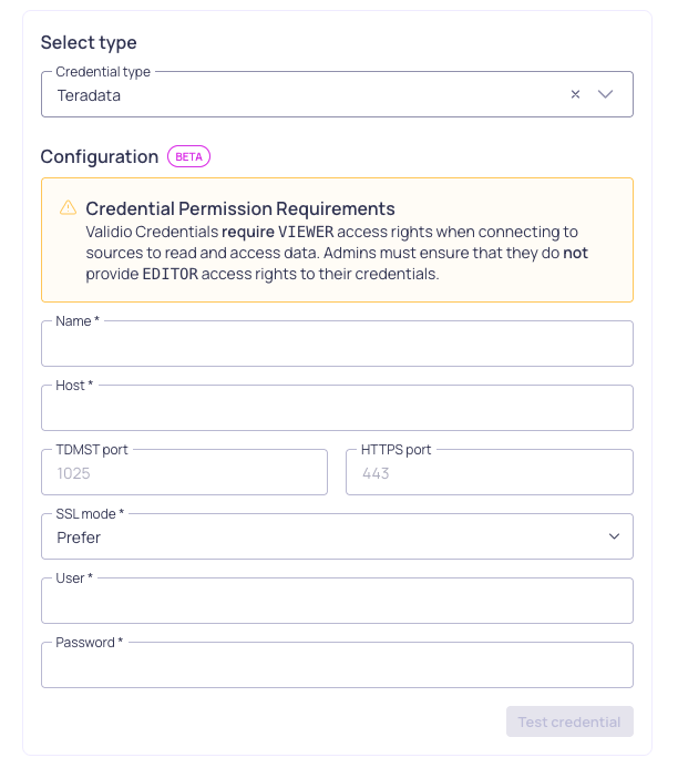 The Teradata credential configuration form, showing host, TDMST port, HTTPS port, SSL mode, username, and password fields