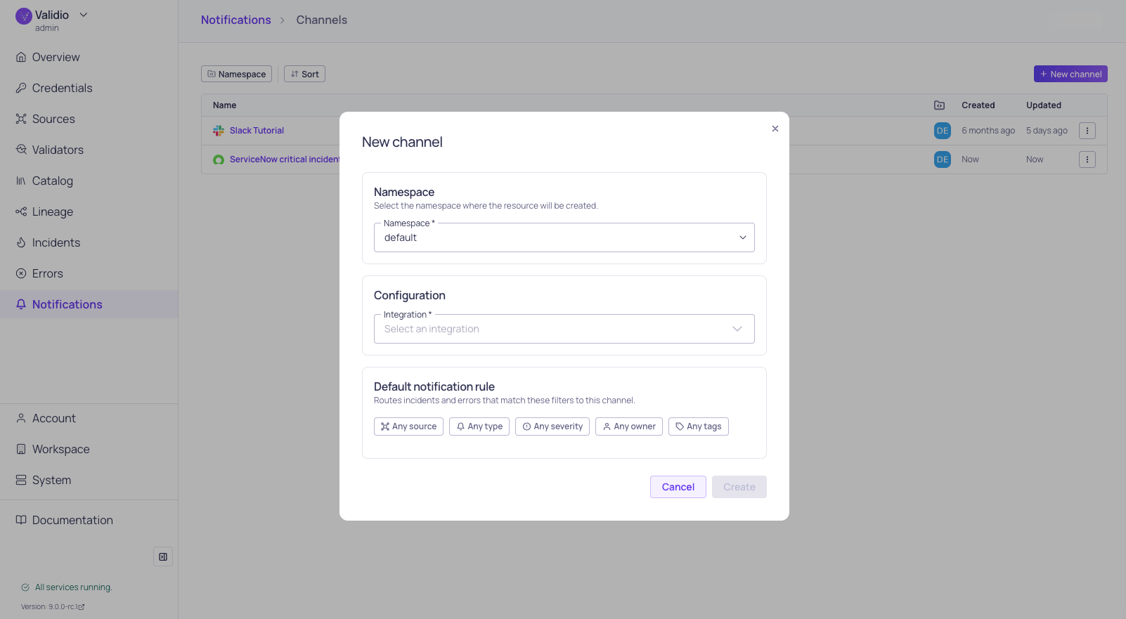 The new notification channel form with its default rule configuration