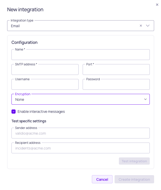 The Email integration form, showing SMTP address, port, and encryption fields