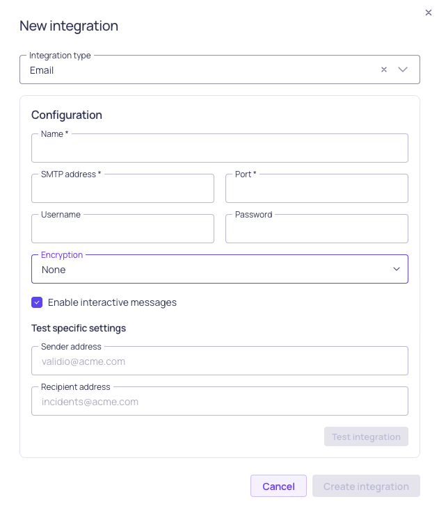 The Email integration form, showing SMTP address, port, and encryption fields
