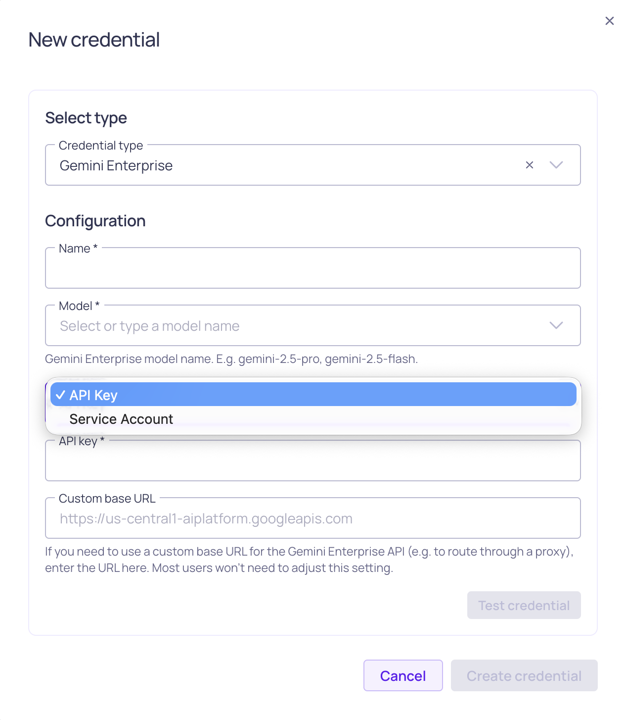 The Gemini Enterprise credential configuration form, showing model and authentication type options
