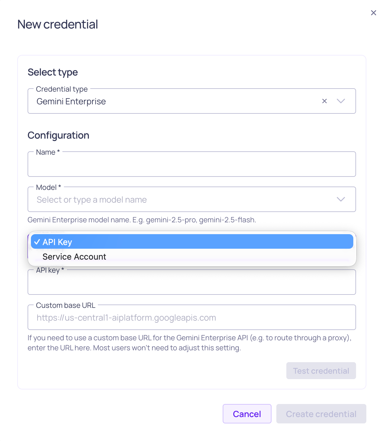 The Gemini Enterprise credential configuration form, showing model and authentication type options