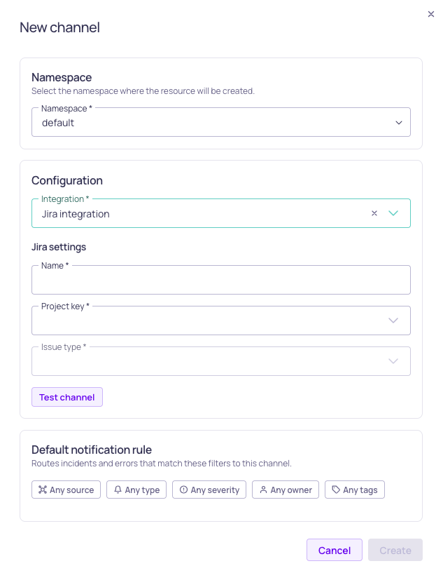 The Jira channel form, showing integration, project, and issue type selection