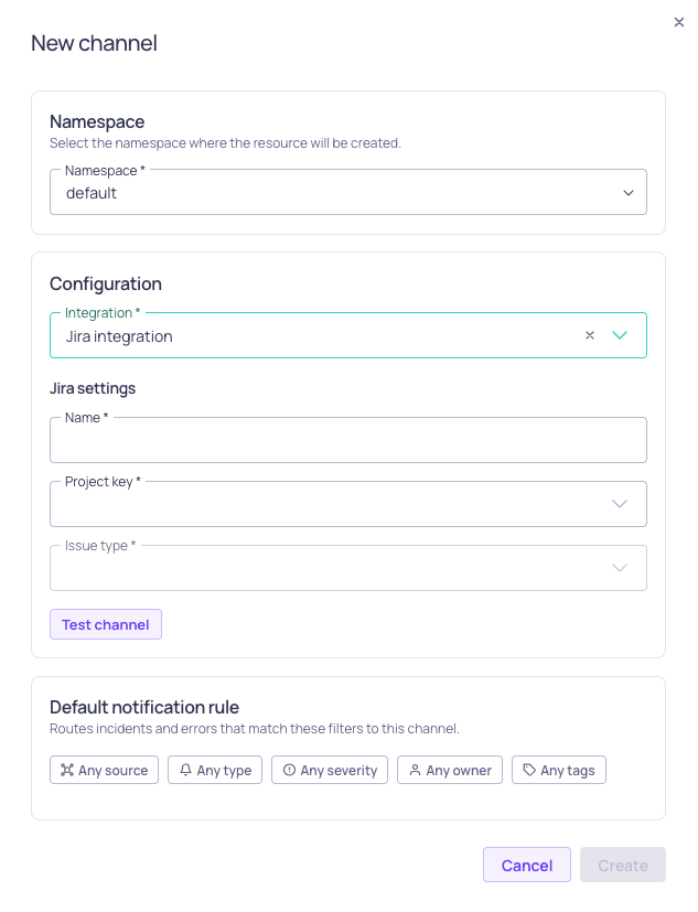 The Jira channel form, showing integration, project, and issue type selection