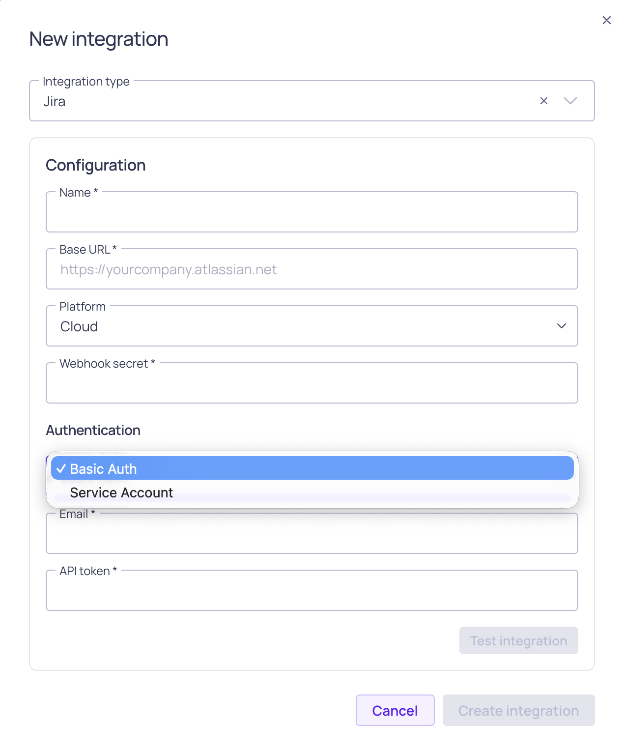 The Jira integration form, showing base URL, platform, webhook secret, and authentication type fields