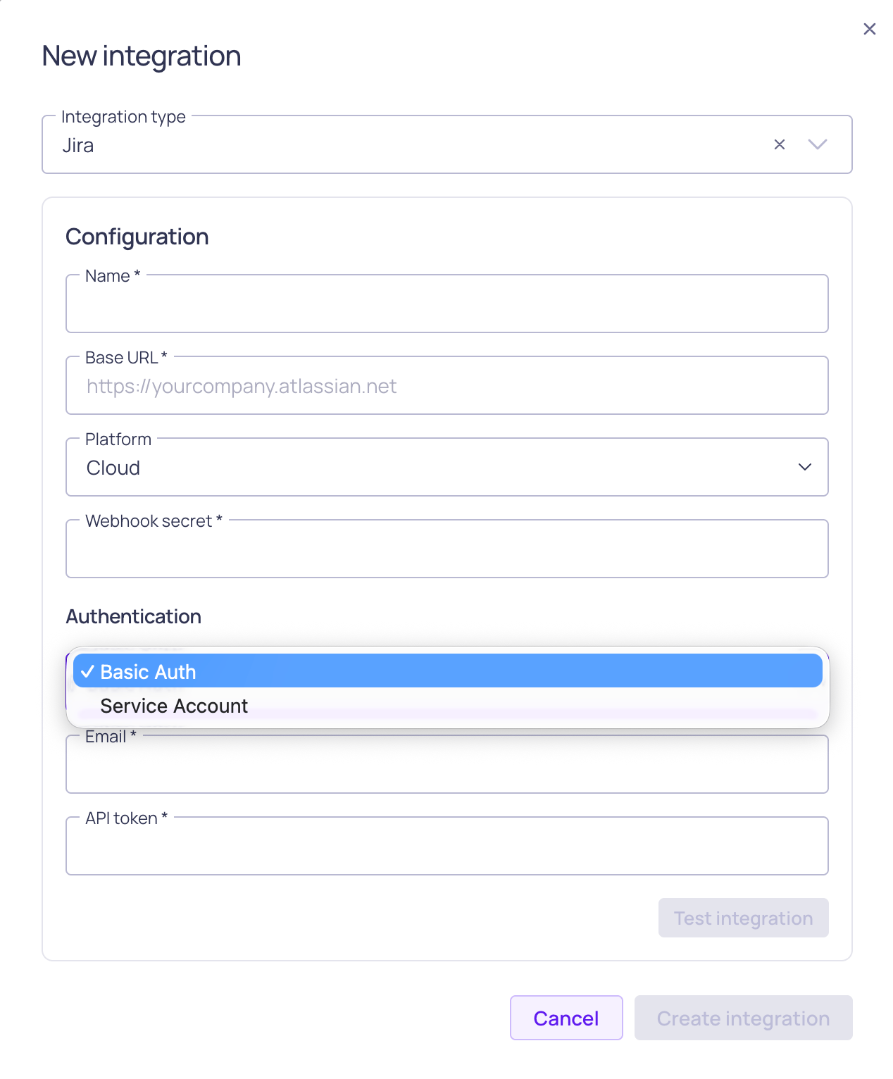 The Jira integration form, showing base URL, platform, webhook secret, and authentication type fields