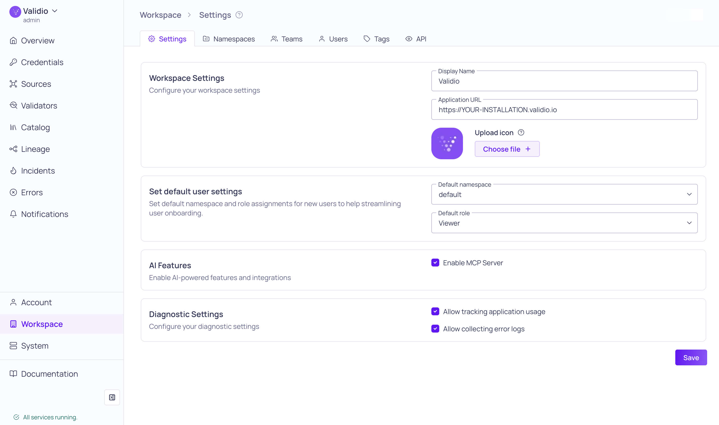 The Validio Workspace Settings AI Features section, showing the Enable MCP Server option