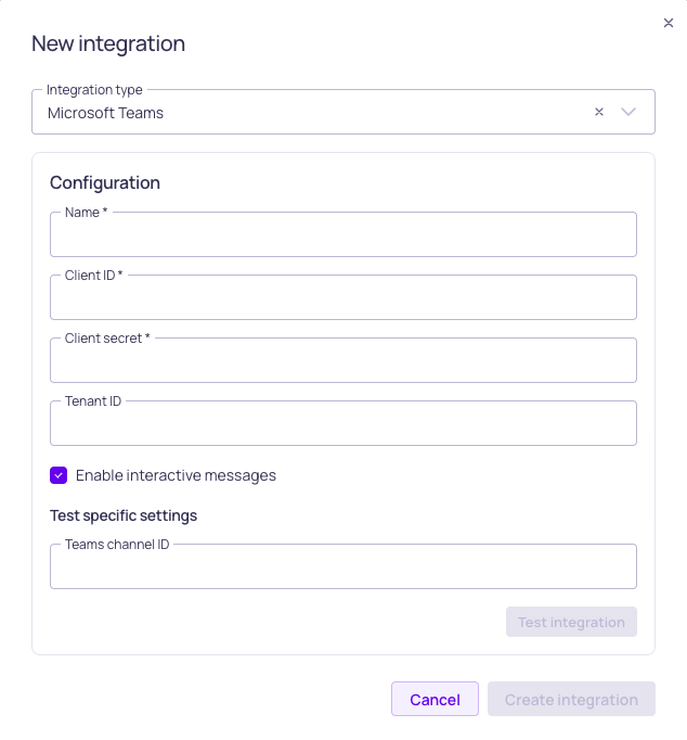 The Microsoft Teams integration form, showing client ID, client secret, and tenant ID fields