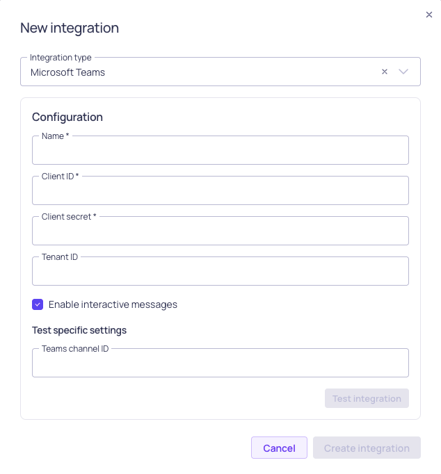 The Microsoft Teams integration form, showing client ID, client secret, and tenant ID fields