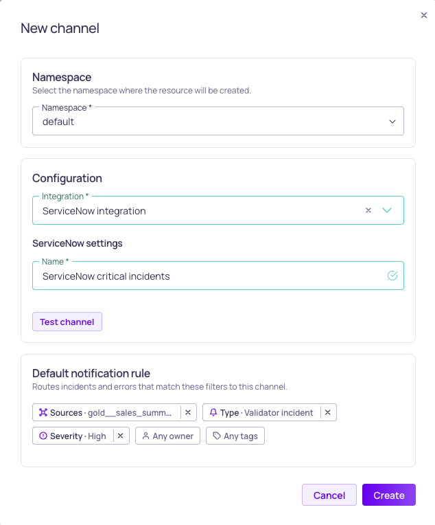 The ServiceNow channel form with its default notification rule configuration