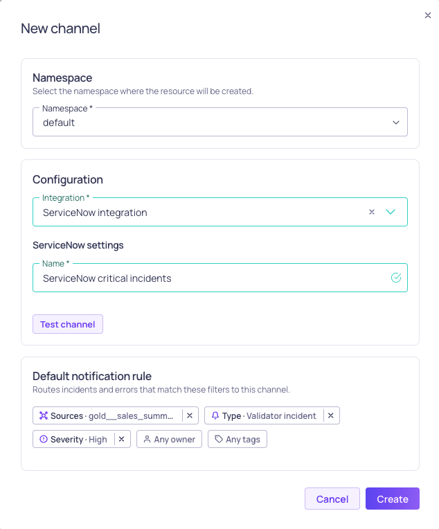 The ServiceNow channel form with its default notification rule configuration