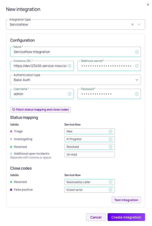 The ServiceNow integration form, showing instance URL, webhook secret, and authentication fields