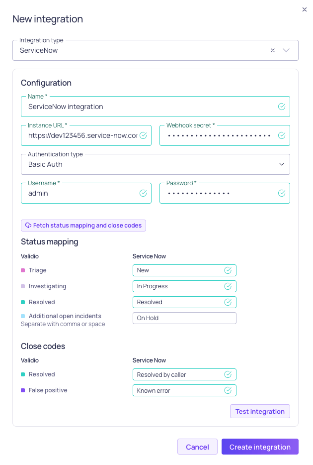 The ServiceNow integration form, showing instance URL, webhook secret, and authentication fields