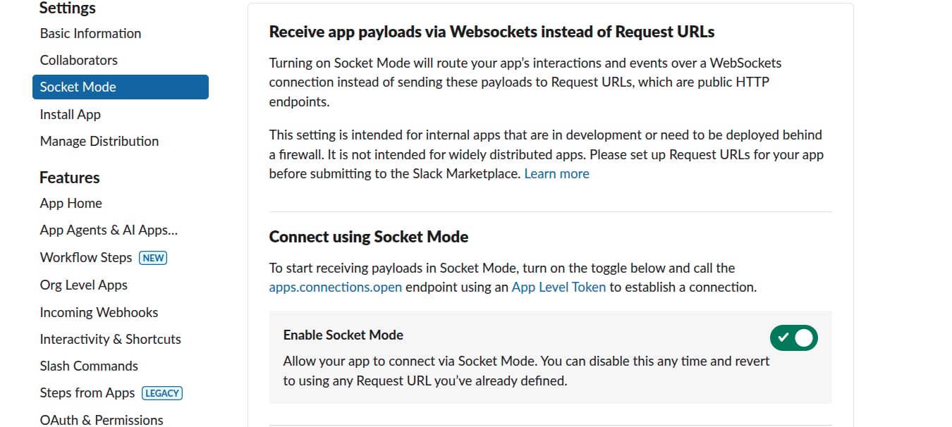 The Socket Mode settings page in Slack with Connect using Socket Mode enabled