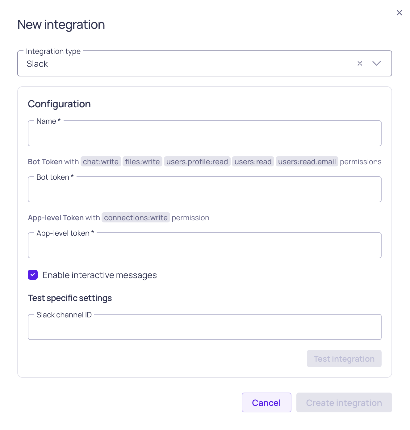 The Slack integration form, showing bot token and interactive messages options