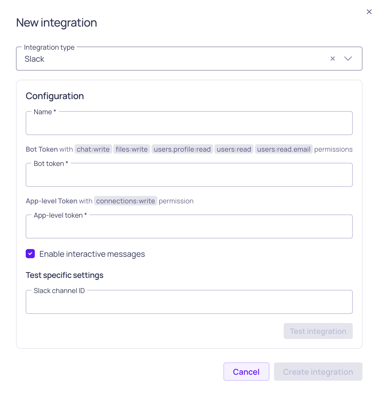 The Slack integration form, showing bot token and interactive messages options