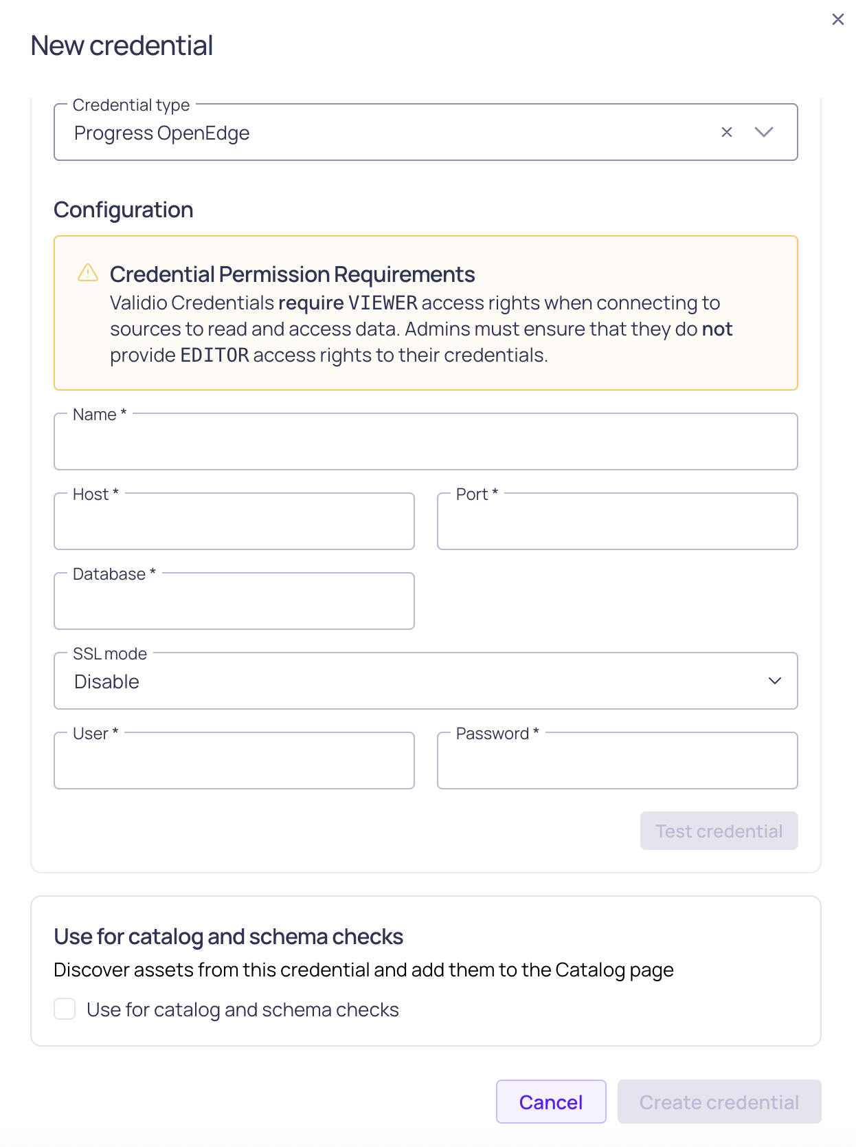 The Progress OpenEdge credential configuration form, showing host, port, database, SSL mode, user, and password fields