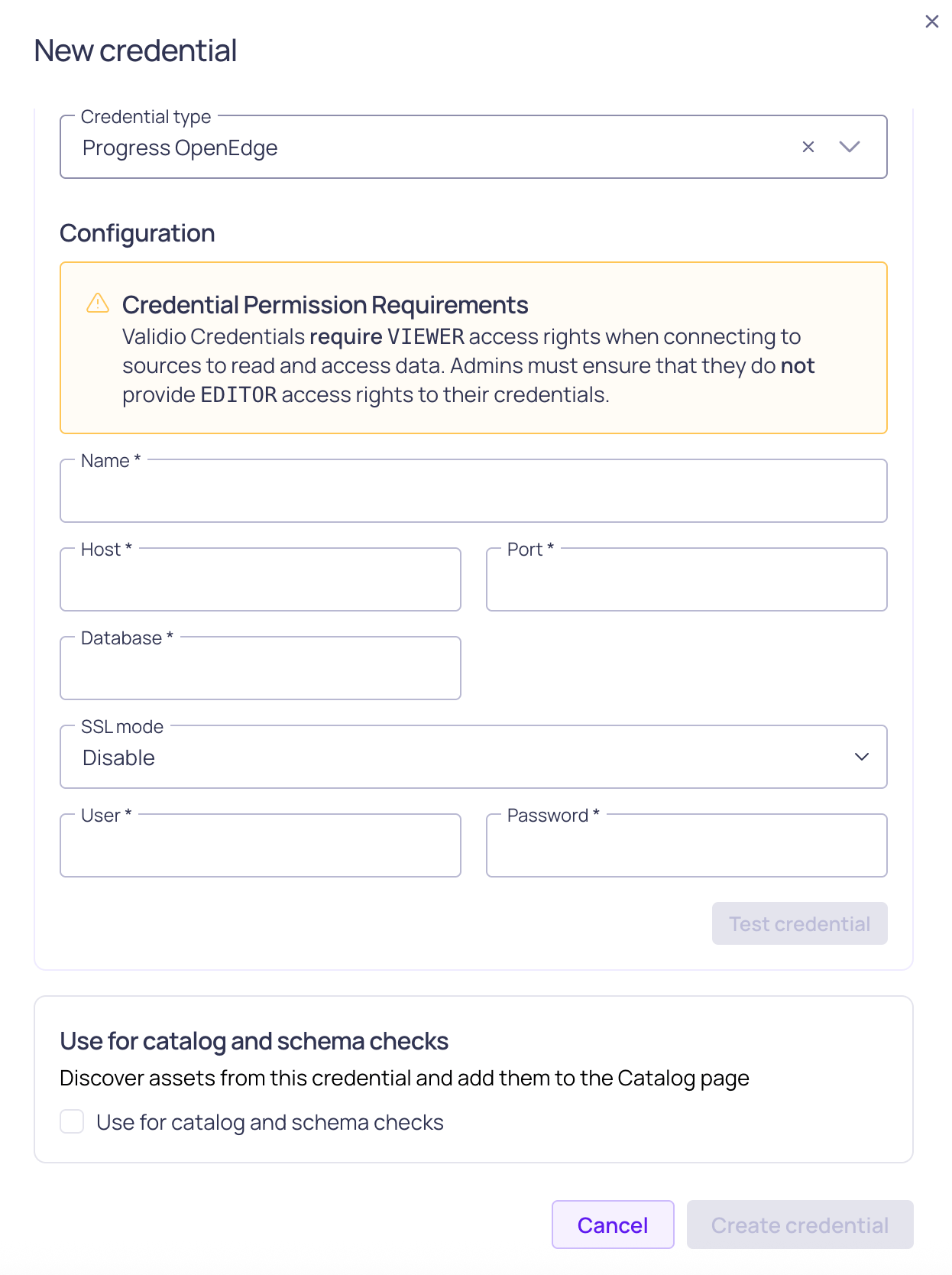 The Progress OpenEdge credential configuration form, showing host, port, database, SSL mode, user, and password fields