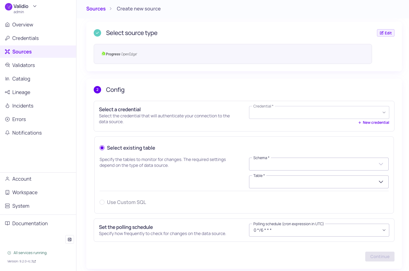 The Progress OpenEdge source configuration form, showing credential, schema, and table selection
