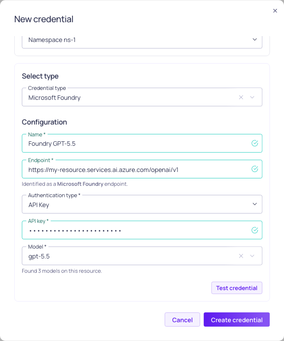 The Microsoft Foundry credential configuration form, showing endpoint, authentication type, and model deployment fields