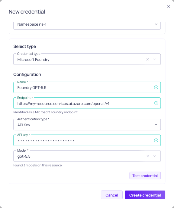 The Microsoft Foundry credential configuration form, showing endpoint, authentication type, and model deployment fields