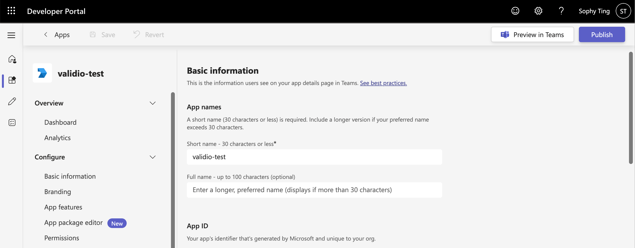 The Basic Information page of a new app in the Microsoft Teams Developer Portal