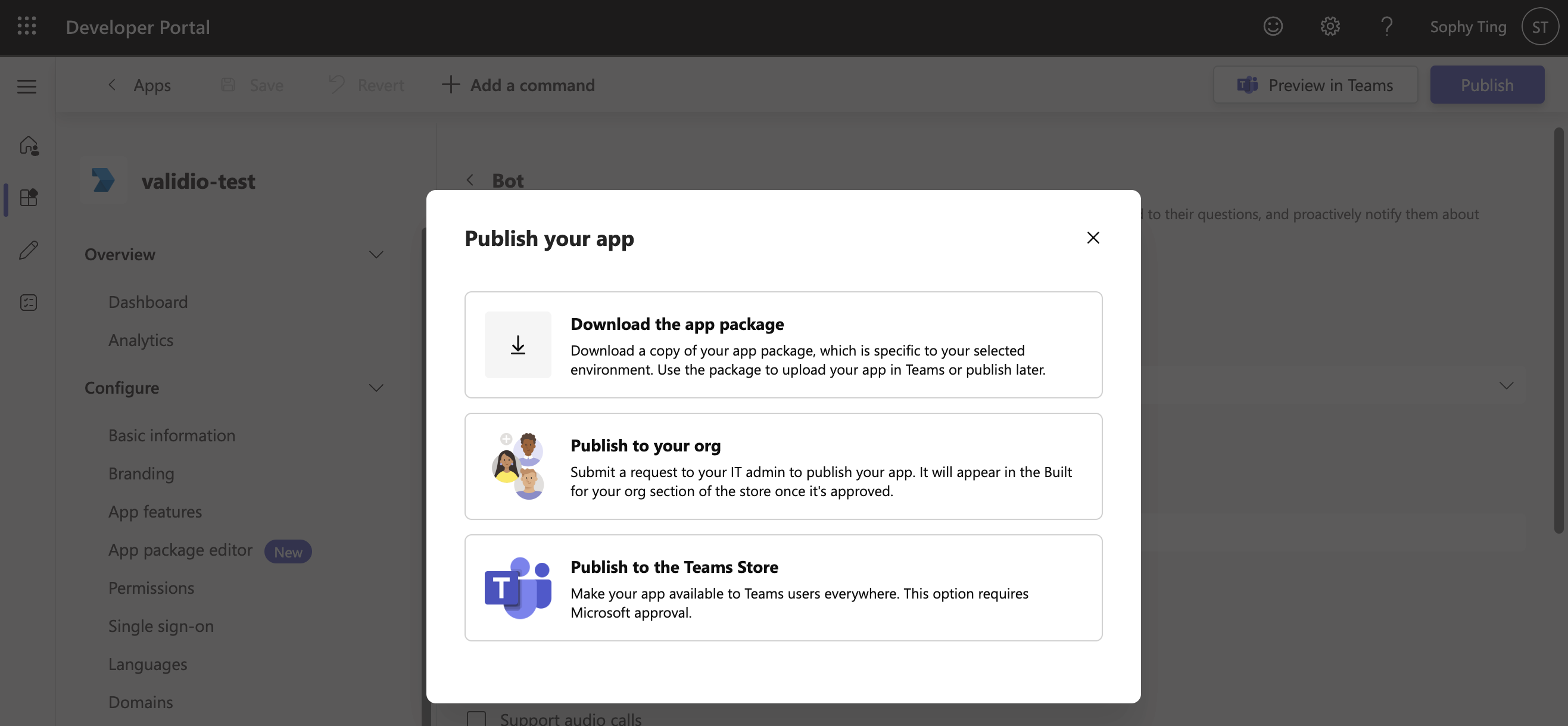 The publishing options for a Microsoft Teams app, showing Publish and Preview in Teams