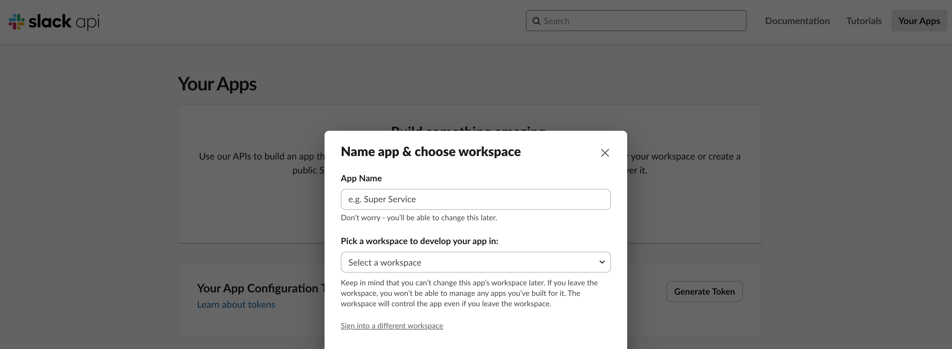 The Slack Create an app dialog, with a name entered and a workspace selected
