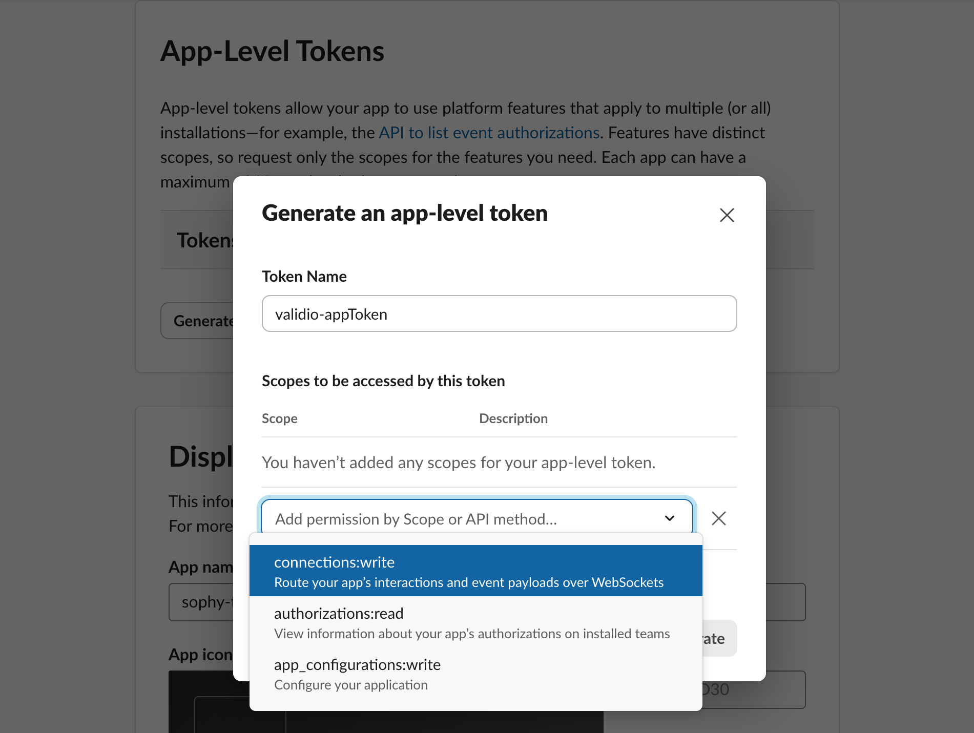 The Slack Generate an app-level token dialog, showing the token name and scopes fields