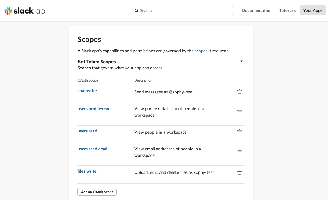 The Slack Bot Token Scopes section listing the OAuth scopes required by Validio