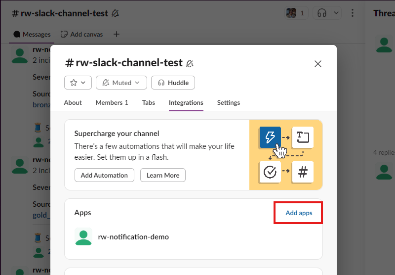 Adding the Validio app to a Slack channel from the channel integrations tab