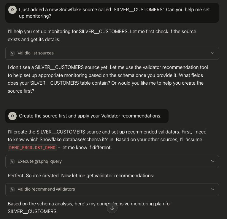 A Claude conversation proposing validators for a newly added Snowflake source