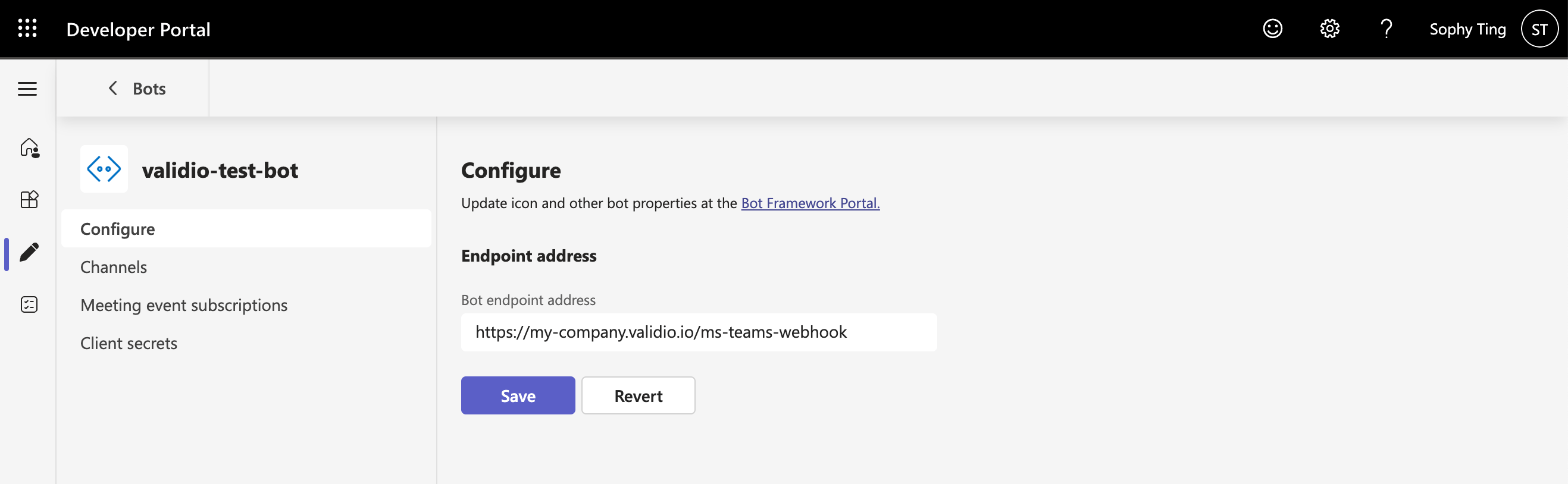The Configuration page for a newly created bot, showing the bot endpoint address field